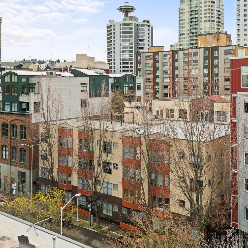 Ellis Court from above, the Space Needle behind it